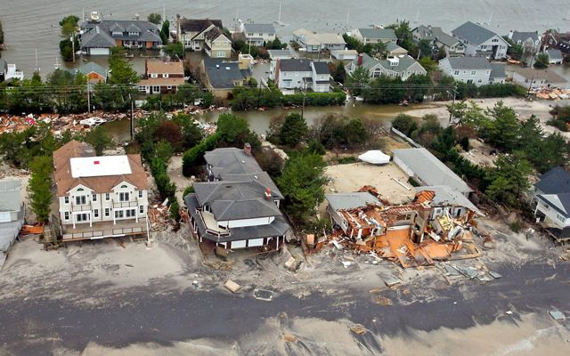 Aerial view of storm-damaged coastal homes